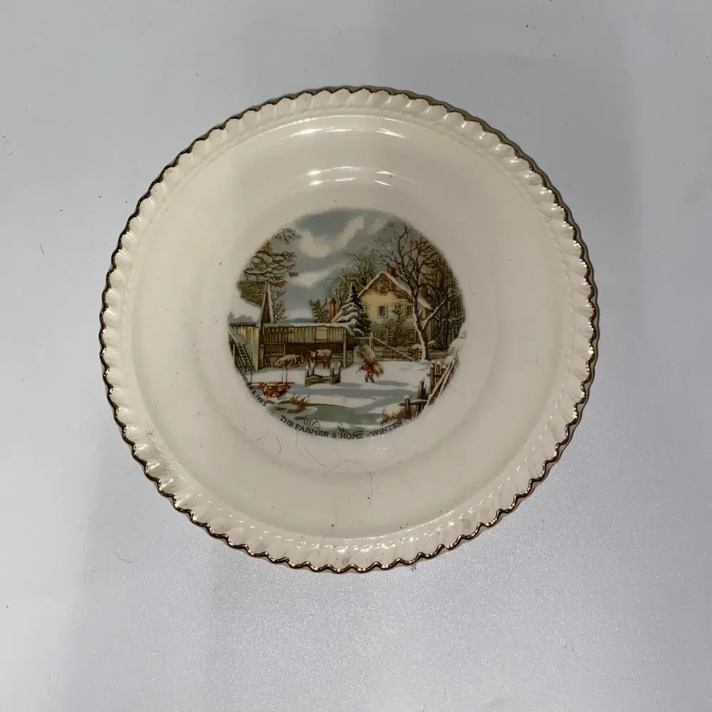Harkerware The Farmer's Home Winter Plate Gold Trimmed 6